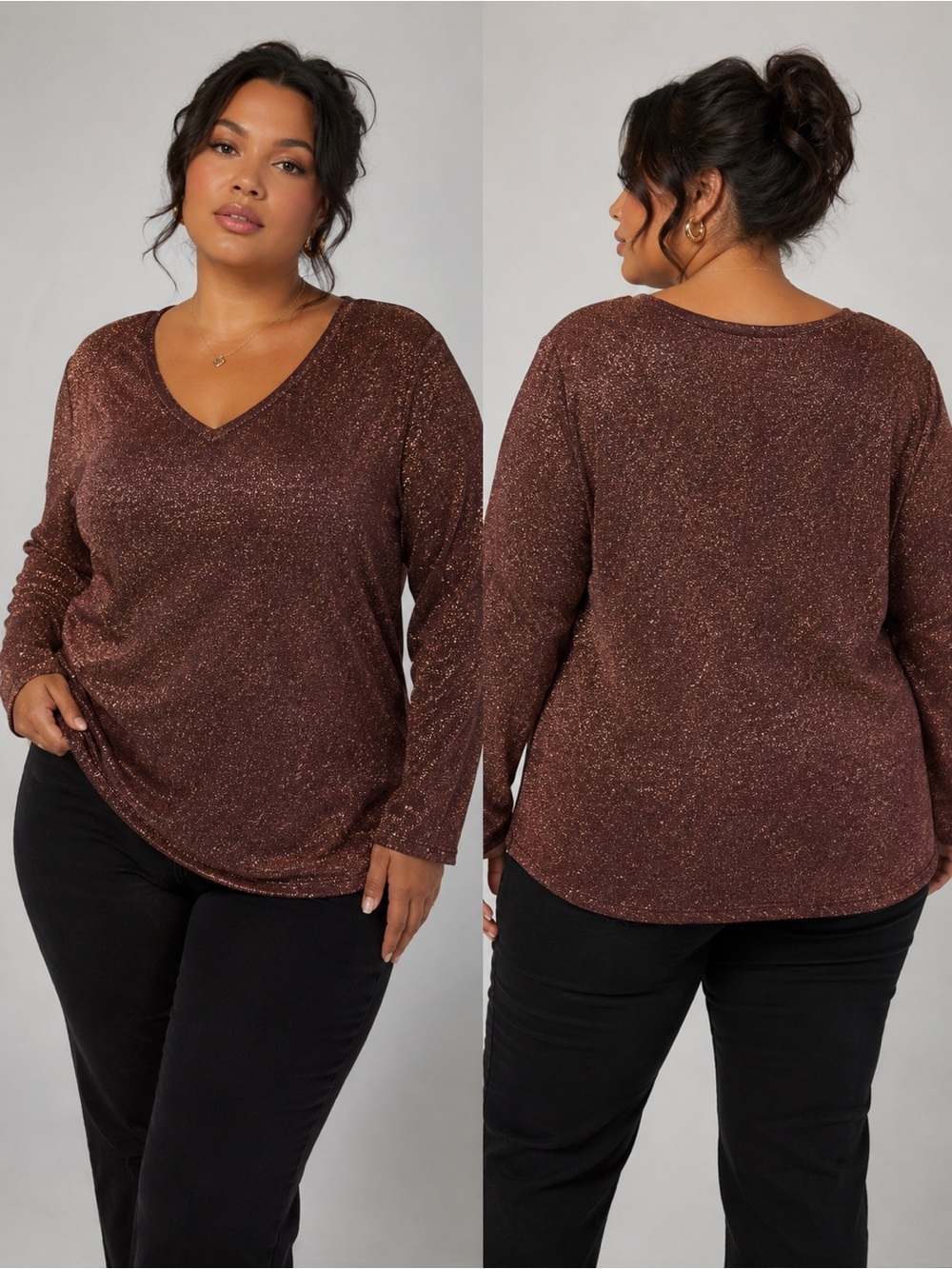 Faded Glory Burgundy Metallic Shimmer V-Neck Tunic Sweater Plus Size 2X